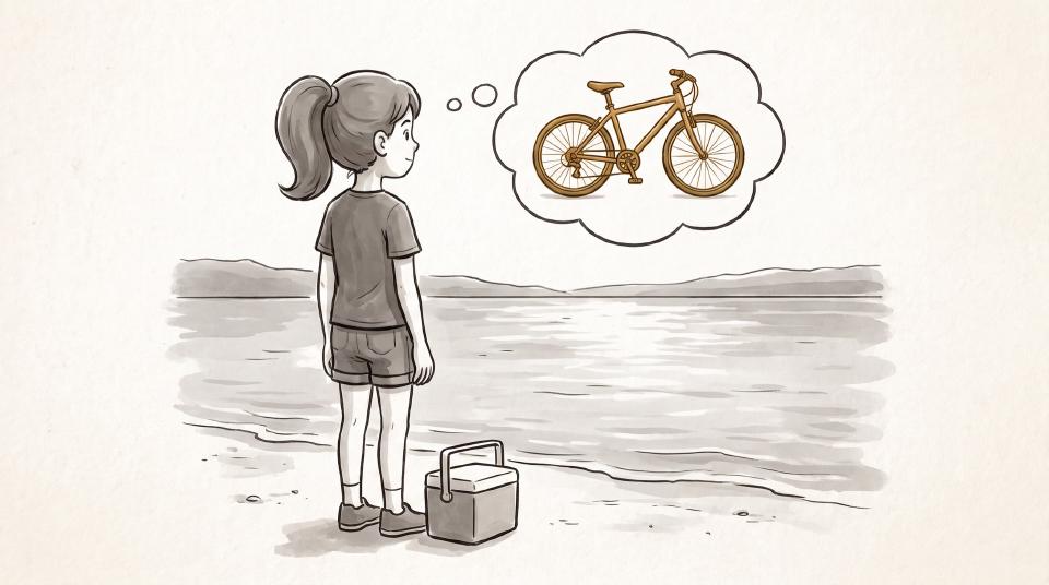 Zeichnung: Ein Mädchen mit Pferdeschwanz steht mit einer Kühlbox am Seeufer und blickt zu einer Gedankenblase hinauf, in der ein goldfarbenes Fahrrad schwebt.
