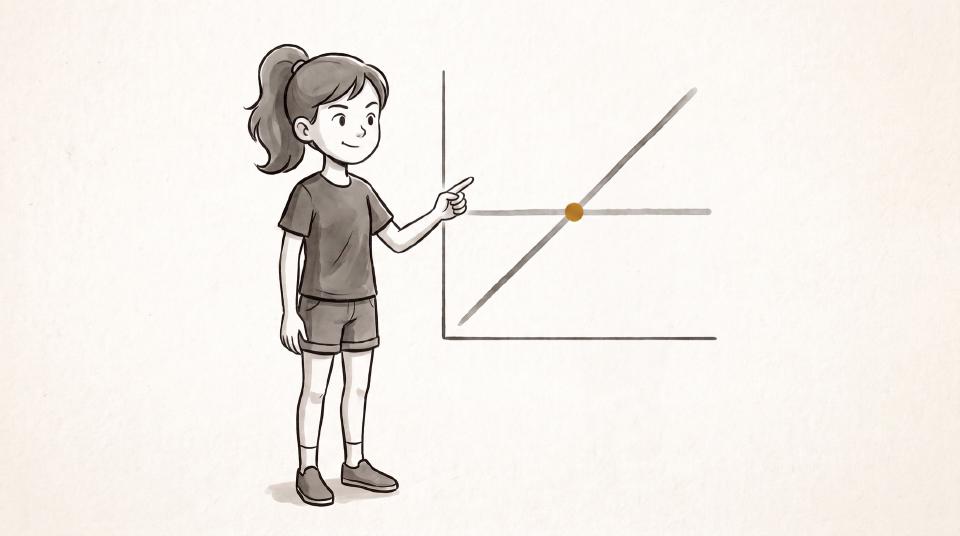Diagramm: Ein Mädchen zeigt auf ein einfaches Diagramm mit einer waagerechten und einer ansteigenden Linie, die sich in einem goldfarbenen Punkt kreuzen.