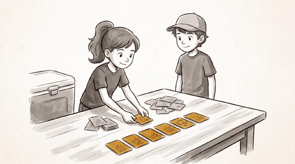 Zeichnung: Zwei Kinder sortieren an einem Tisch neben der Kühlbox Karten; sechs goldfarbene Karten liegen bereits in einer Reihe, eine siebte hält das Mädchen gerade in der Hand, um sie einzuordnen, daneben liegen zwei getrennte Stapel unmarkierter grauer Karten.